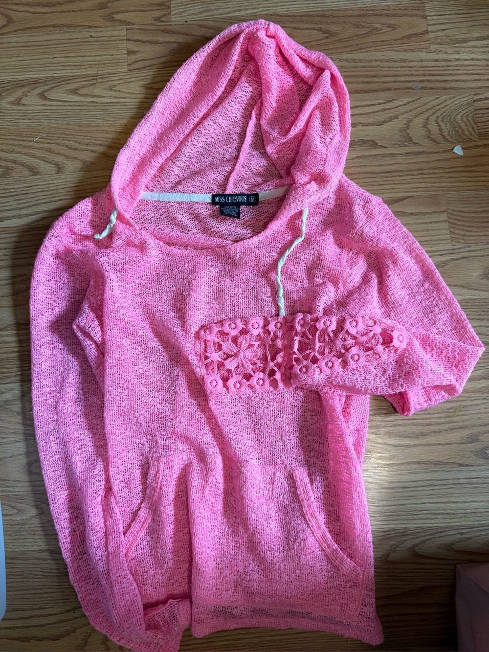 Mossimo Supply Co. Bright Pink Crochet-Sleeve Hooded Pullover